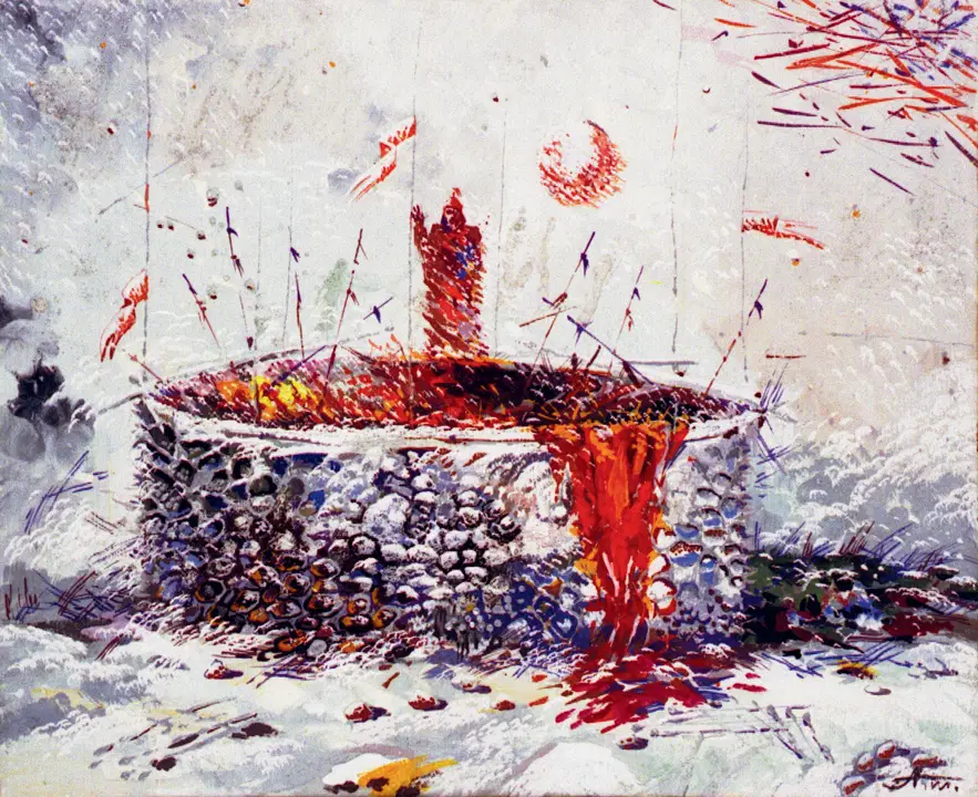 «Amir Temur va To'xtamishxon», spektakliga eskiz, 1996 yil, qog'oz, guash
